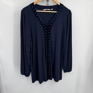 Soft Surroundings Shirt Womens L Navy Velvet Trim Studded Tunic Top Casual Flowy